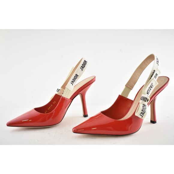 Dior J'adior Red Patent White Black Ribbon Logo Slingback Pump Sandal Heel 36 - Picture 9 of 13